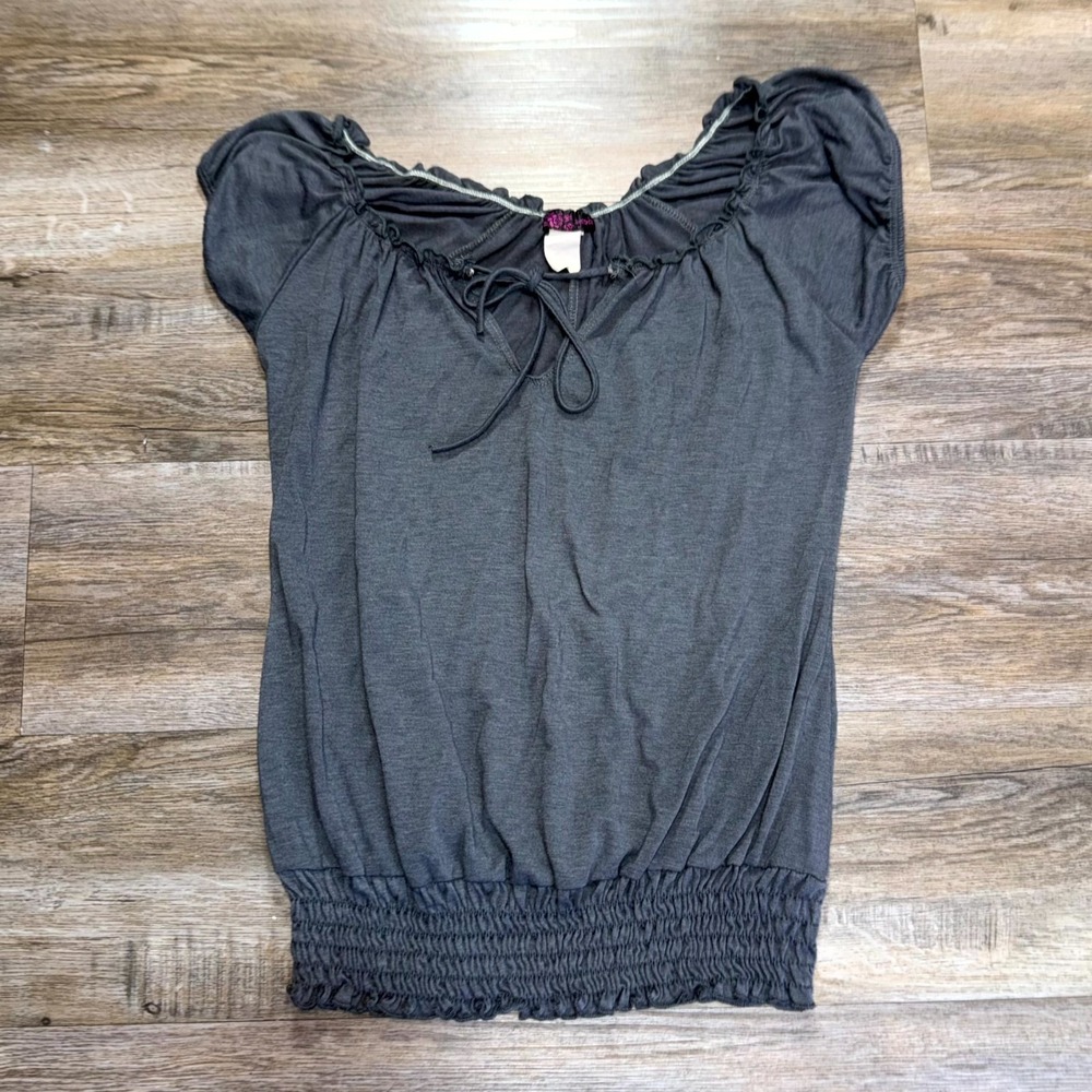 Agenda Blouse Top Womens Small Gray Keyhole Tie Front Smocked Waist Cap Sleeve